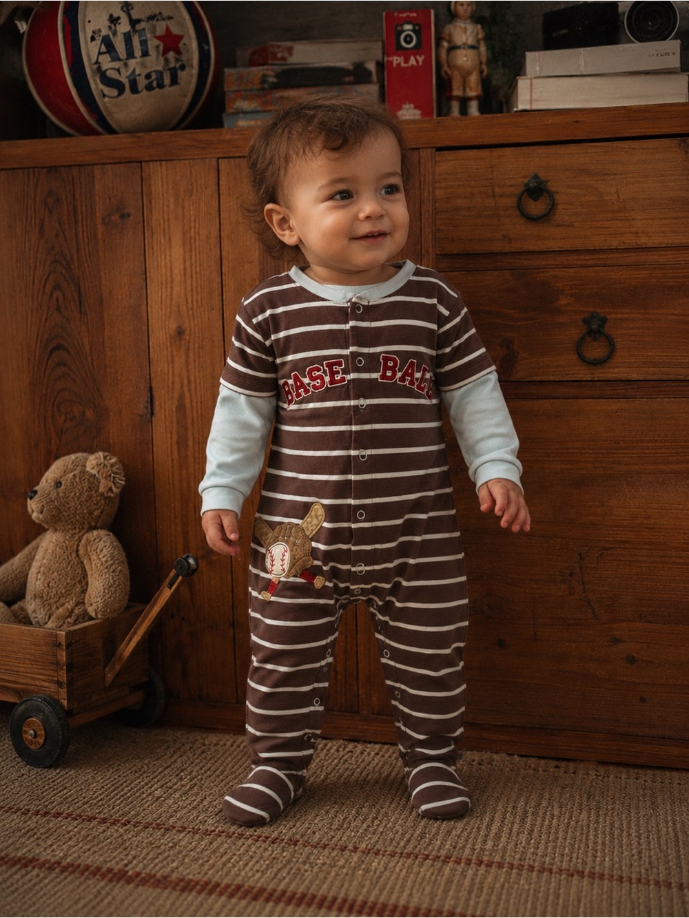 Vintage Baseball Footie Pajamas 18–24M Brown Striped “BASE BALL” One Piece Y2K